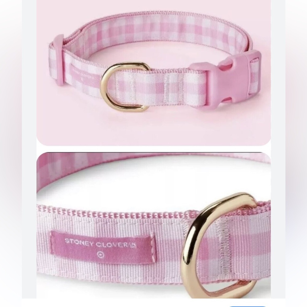 Stoney Clover pink checked in adjustable dog collar.